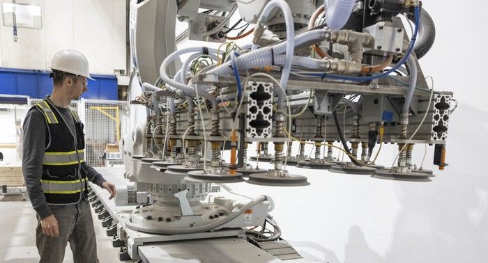 A robot at the Intelligent City modular building factory. A robot at the Intelligent City modular building factory.