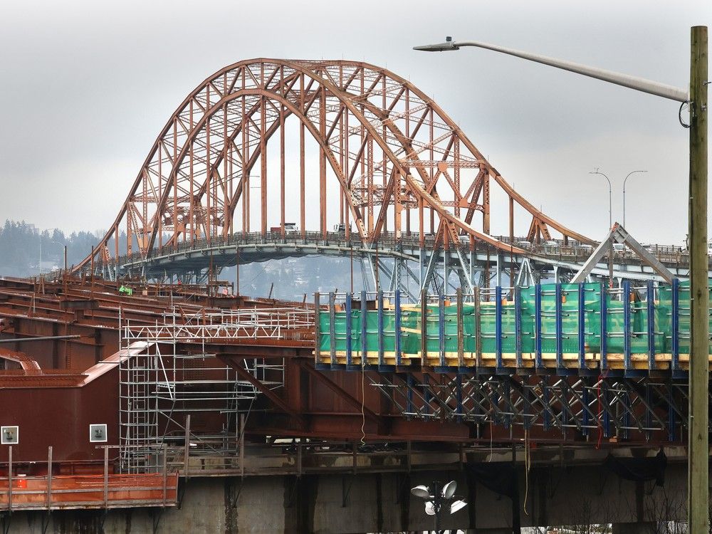  Construction earlier this year of the Pattullo Bridge in New Westminster.