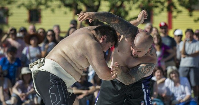 Sumo wrestlers compete during the 37th Annual Powell Street Festival at Oppenheimer Park in Vancouver,  Aug. 4, 2013.