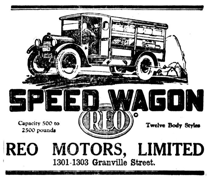  Ad for REO Speed Wagon trucks in the June 23, 1923 Vancouver Daily World.