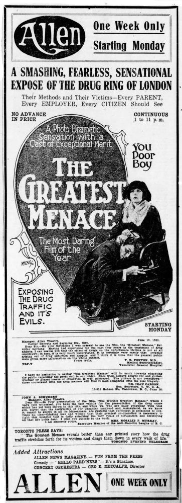  Ad for the anti-drug movie The Greatest Menace in the June 23, 1923 Vancouver Daily World.