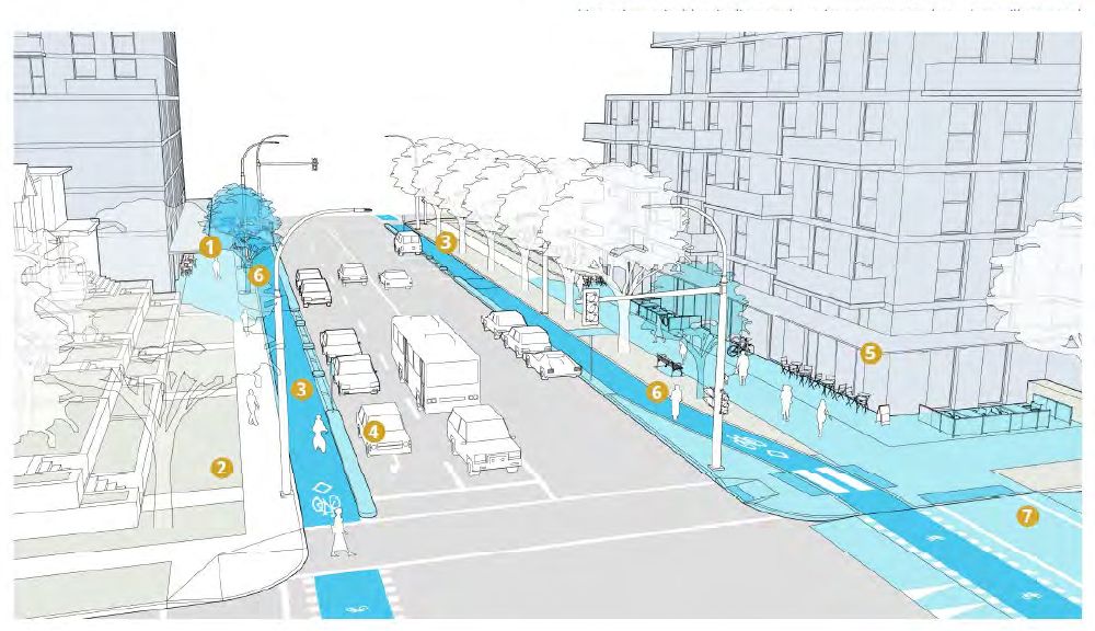  a concept design for mixed-use tower sections of renfrew and rupert streets. areas in blue show proposed enhancements.