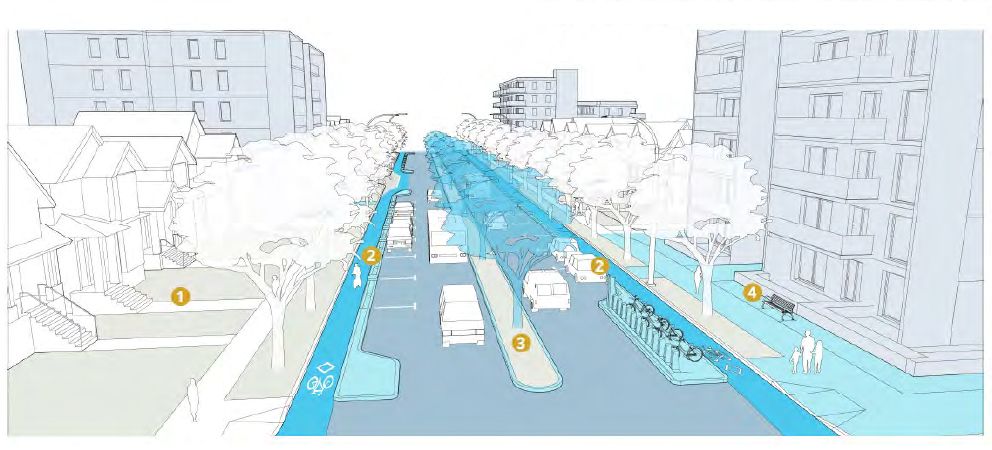  a concept design for residential sections of renfrew and rupert streets. areas in blue show proposed enhancements.