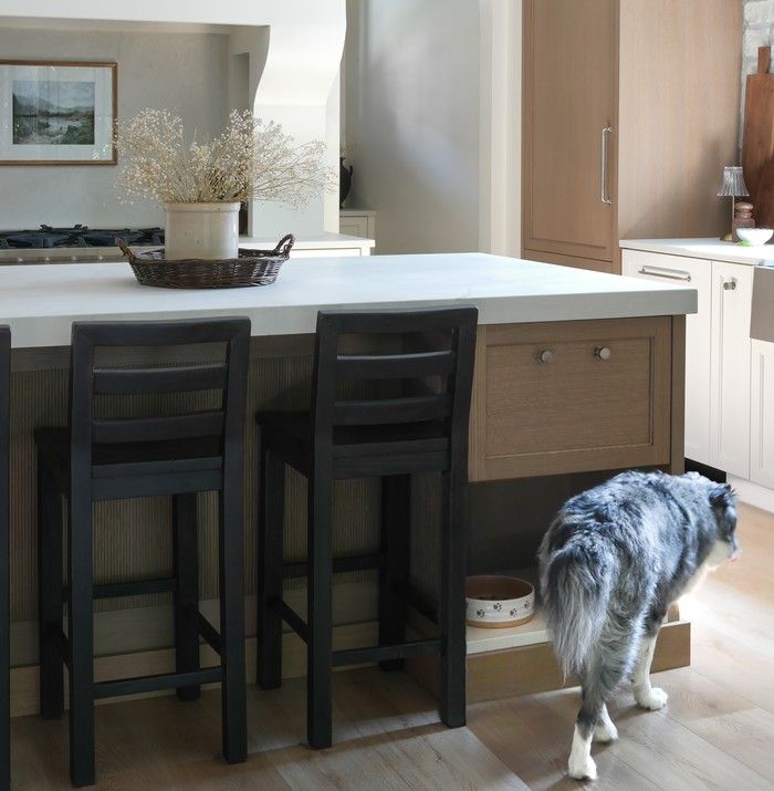  With a view to accommodating the needs of all family members in the space, the island incorporates a feeding nook on the side for the family dog, Cali.