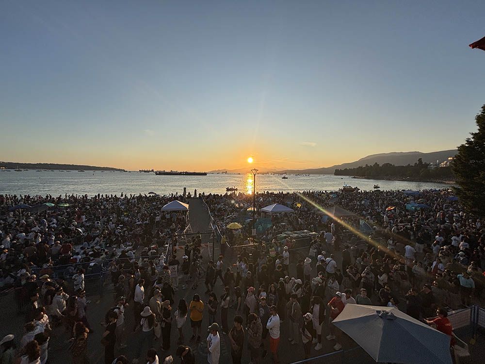  Crowds gather at English Bay on Saturday, July 19, 2025, for the first of three nights of the Honda Celebration of Light fireworks show.