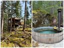 One of the tiny homes guests can stay in at Rocky Valley Resort on Texada Island and the eight-person cedar hot tub.