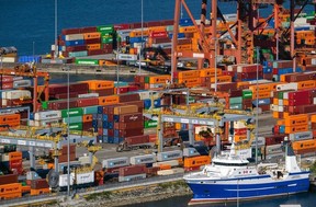 Shipping containers in the Centennial Terminals container terminal at the Port of Vancouver