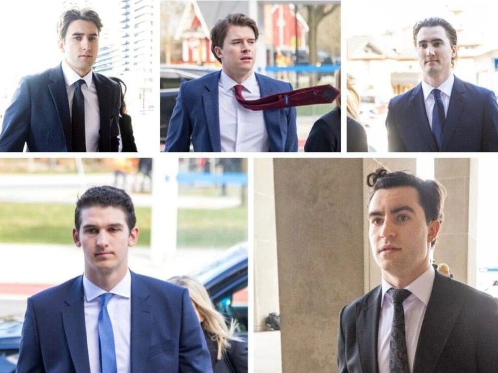 Clockwise from top left: Hockey players Michael McLeod, Carter Hart, Alex Formenton, Dillon Dube and Cal Foote enter the London courthouse on April 22, 2025.