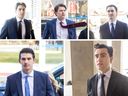 Clockwise from top left: Hockey players Michael McLeod, Carter Hart, Alex Formenton, Dillon Dube and Cal Foote enter the London courthouse on April 22, 2025.
