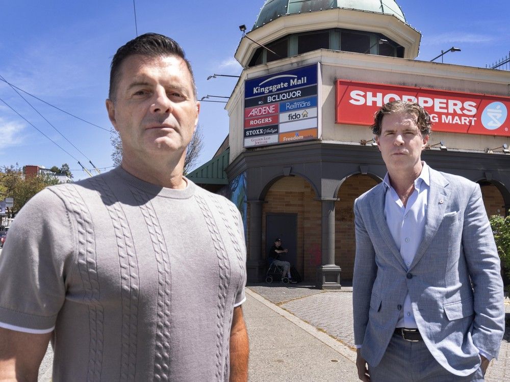  beedie managing partner rob fiorvento and company president ryan beedie outside kingsgate mall.