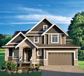 This home features several colours from the Cloverdale range. The siding and garage door showcase Worn Leather; the trim and fascia are painted with Drop of Brown; and, Natural was selected for the accent trim.
