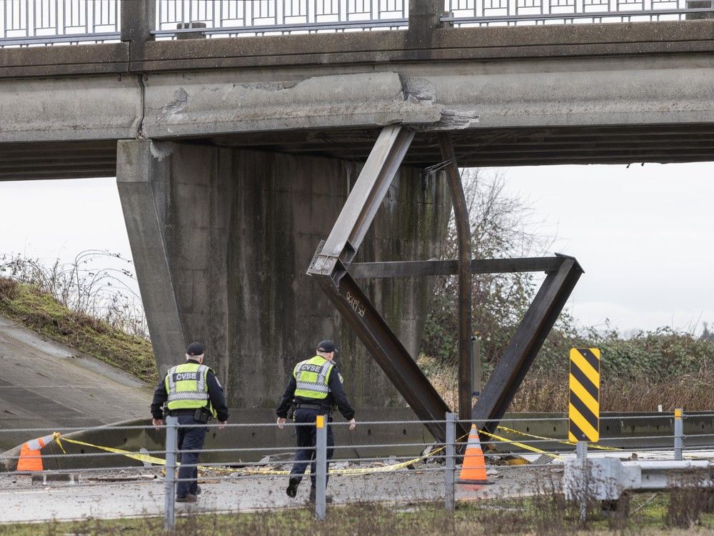 The 112th street overpass was damaged when a semi carrying big girders struck the overpass while travelling southbound on Highway 99 in Delta on Dec. 28, 2023. The 112th street overpass was damaged when a semi carrying big girders struck the overpass while travelling southbound on Highway 99 in Delta on Dec. 28, 2023.