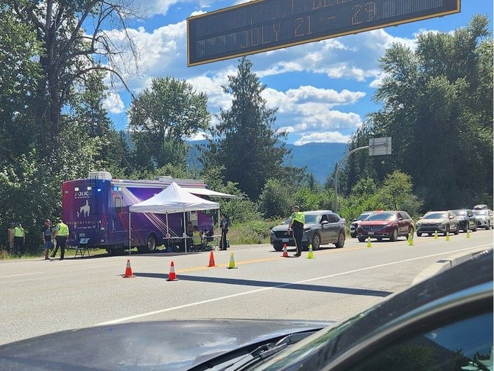 SALMO, B.C.: JULY 2025 - RCMP highway patrol is pictured during this road check near Salmo, B.C. where officers targeted impaired drivers and unsafe vehicles among festival goers headed to Shambhala in July 2025.