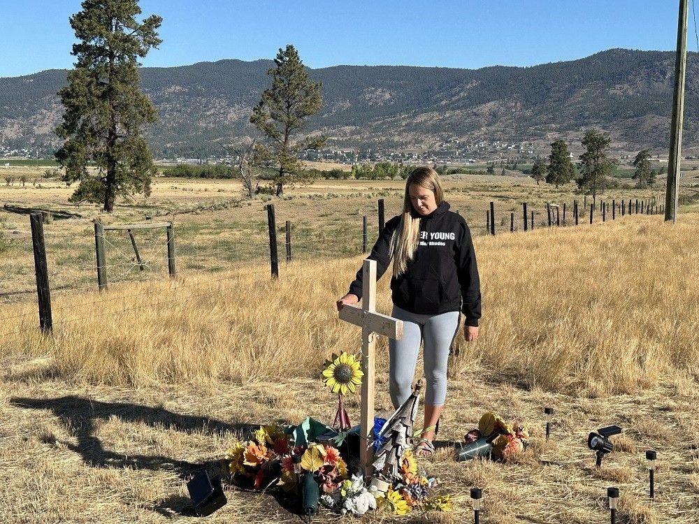 Alix Legouffe stands by a roadside memorial to her brother Buddy Rhodes, who was killed in a hit-and-run. Rhodes’ body was found off the side of the Coquihalla Highway near Exit 286 in Merritt on Aug. 30, 2024. Alix Legouffe stands by a roadside memorial to her brother Buddy Rhodes, who was killed in a hit-and-run. Rhodes’ body was found off the side of the Coquihalla Highway near Exit 286 in Merritt on Aug. 30, 2024.