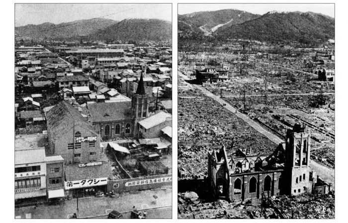  This combination image of two file photos dated 1945 shows a view of the city of Hiroshima before, left, and after, right, the first atomic bomb was dropped by a U.S. air force B-29 aircraft on the city on Aug. 6, 1945.