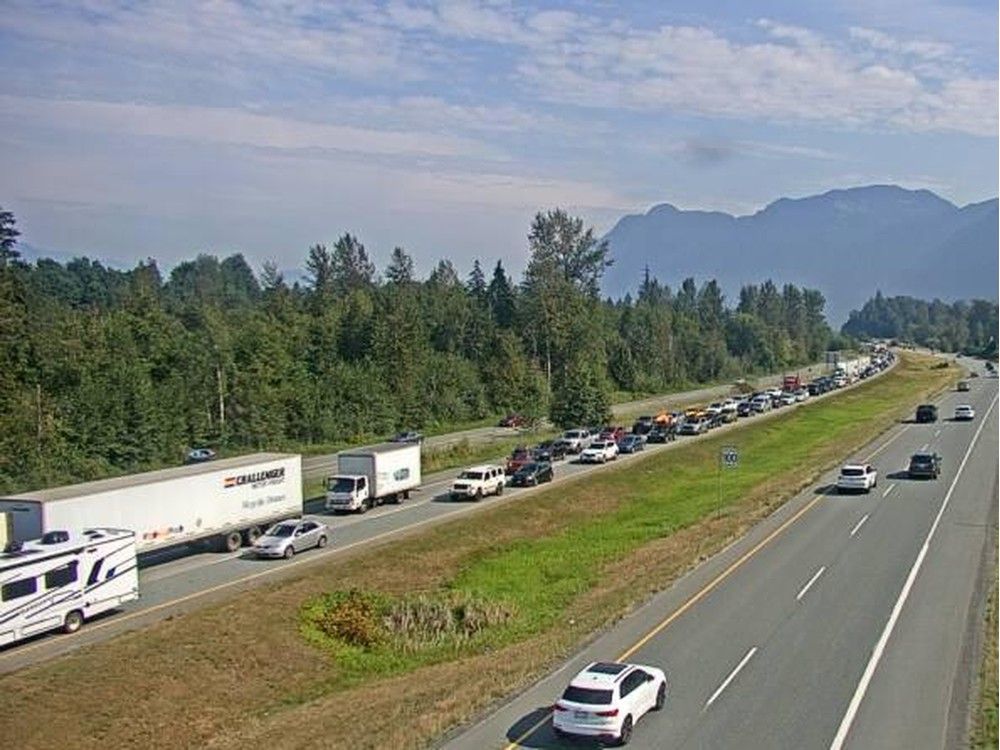 Highway 1 has been closed westbound near Bridal Falls after a semi truck jack knifed on the highway on Aug. 29, 2025. This image from a Drive BC traffic camera shows westbound traffic on Highway 1 right before a detour toward Highway 9. Highway 1 has been closed westbound near Bridal Falls after a semi truck jack knifed on the highway on Aug. 29, 2025. This image from a Drive BC traffic camera shows westbound traffic on Highway 1 right before a detour toward Highway 9.
