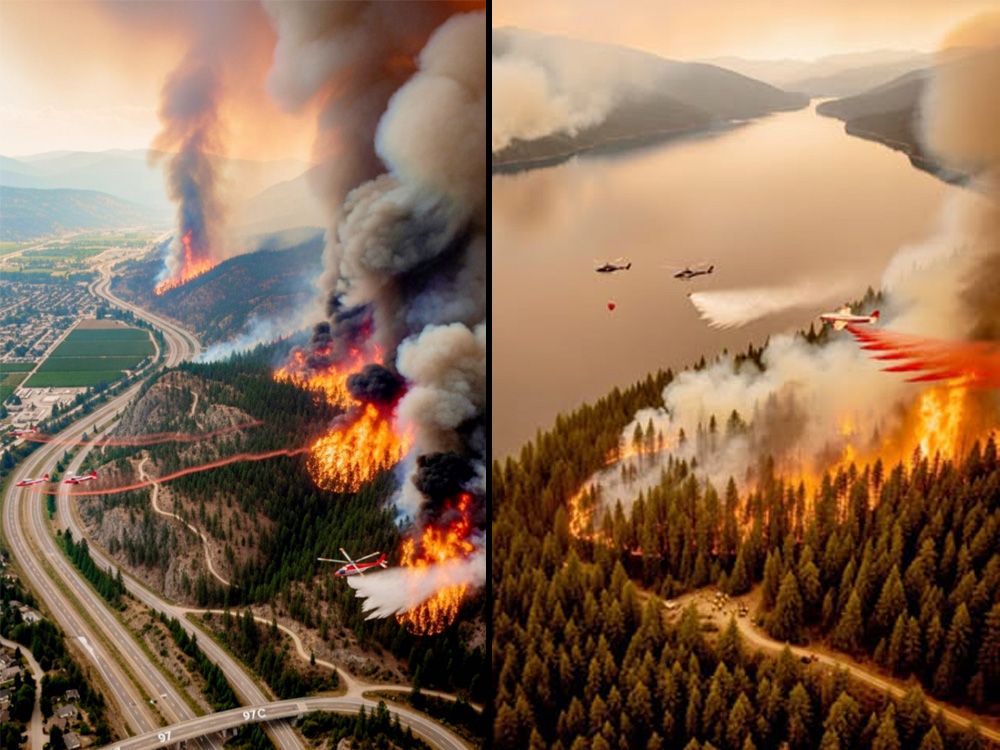 Two examples of AI-generated images shared in relation to wildfires near Peachland (left) and Harrison Hot Springs (right). The B.C. Wildfire Service called attention to the fakes this week.