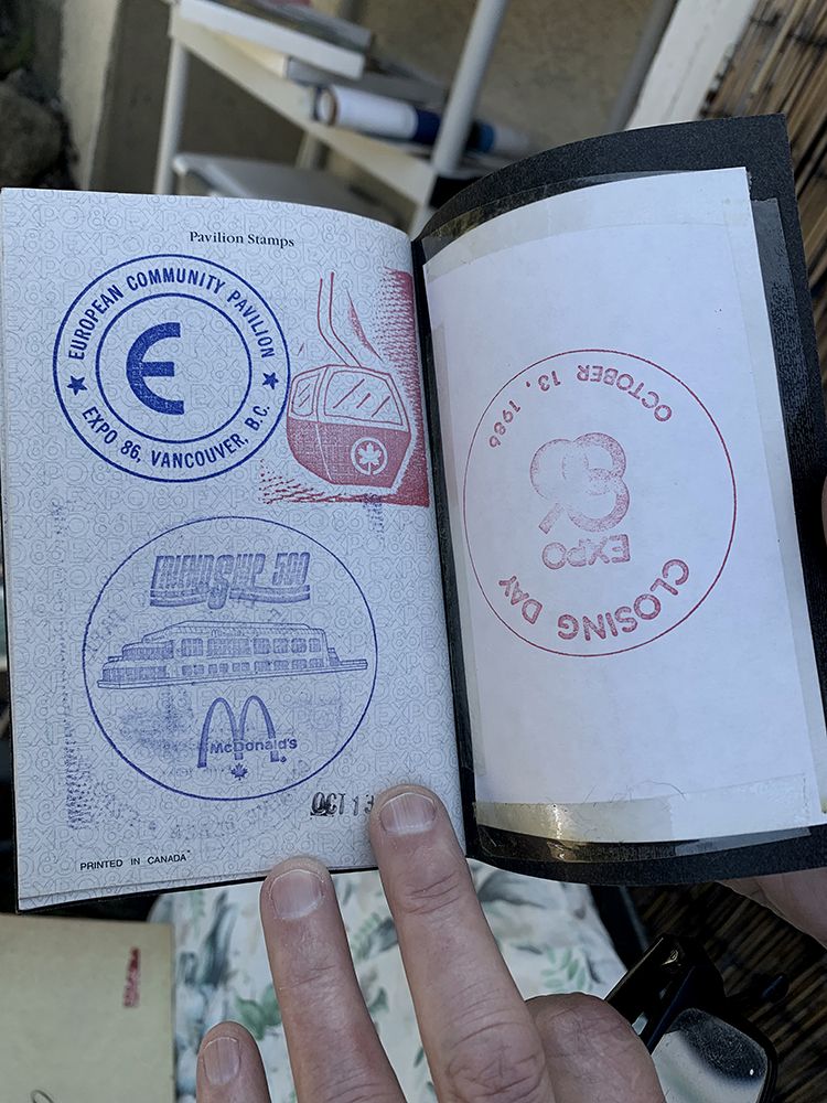  David Rogers’ Expo 86 passport includes the stamp for Friiendshop 500, the floating McDonald’s restaurant that was nicknamed The McBarge.