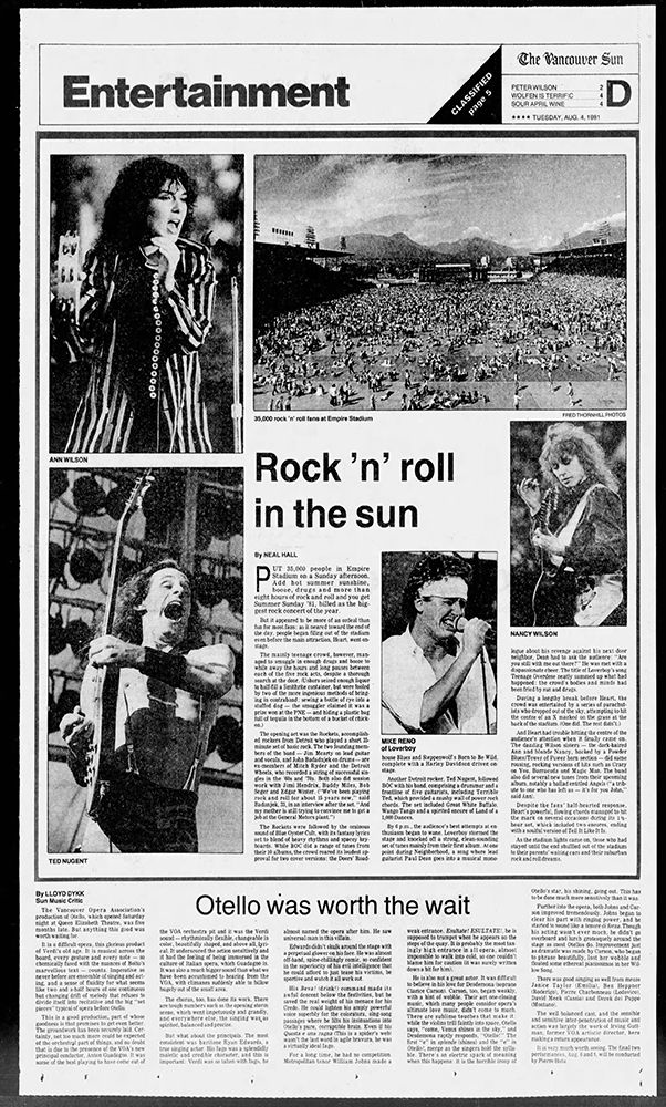 The entertainment front of the Aug. 4, 1981 Vancouver Sun. The first time Heart headlined Expire Stadium on Aug. 27, 1978, the paper didn’t run any shots of the performers, even though it drew a record 44,000 fans. Three years later, Heart headlined a second show at Empire Stadium that drew 35,000. The Sun had learned its lesson, and featured several shots of the performers. The entertainment front of the Aug. 4, 1981 Vancouver Sun. The first time Heart headlined Expire Stadium on Aug. 27, 1978, the paper didn’t run any shots of the performers, even though it drew a record 44,000 fans. Three years later, Heart headlined a second show at Empire Stadium that drew 35,000. The Sun had learned its lesson, and featured several shots of the performers.