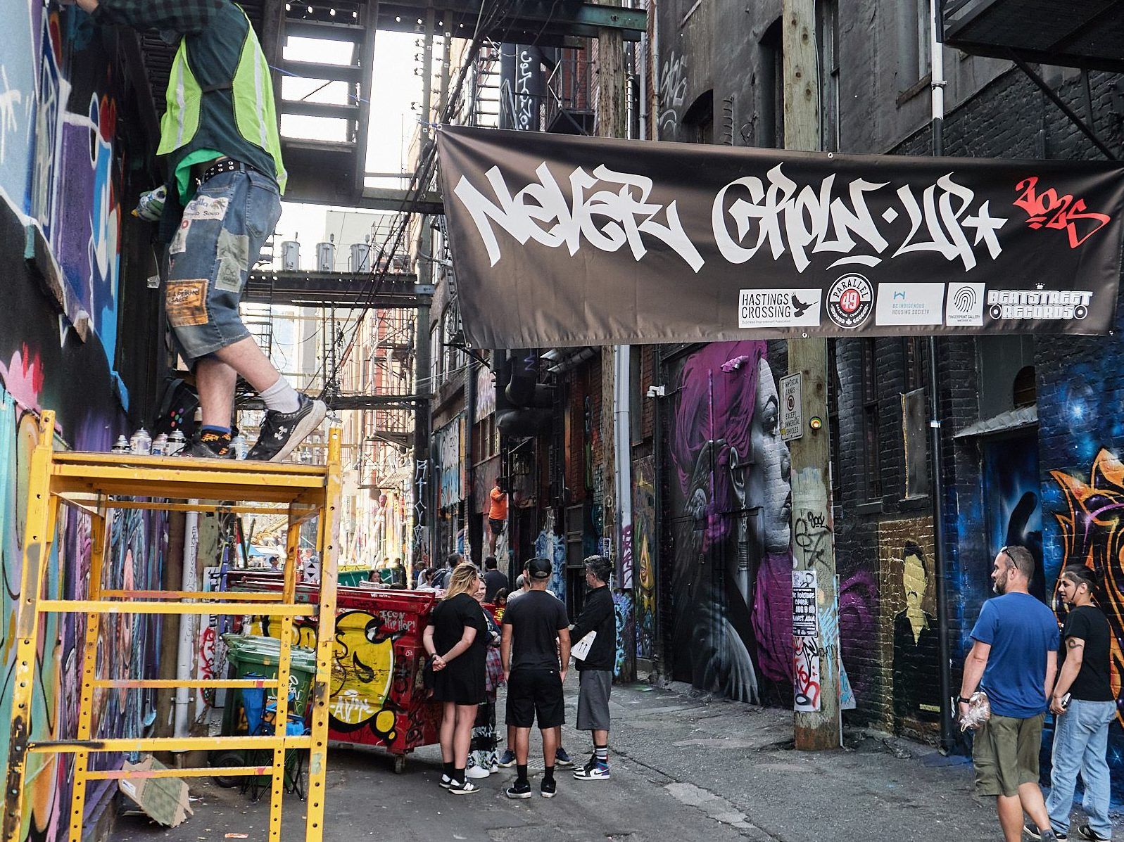 The entrance to Never Grow Up 2025, an annual graffiti festival in Vancouver’s Downtown Eastside.