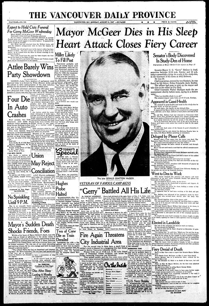  Mayor Gerry McGeer’s death on the front page of the Aug. 11, 1947 Vancouver Province.