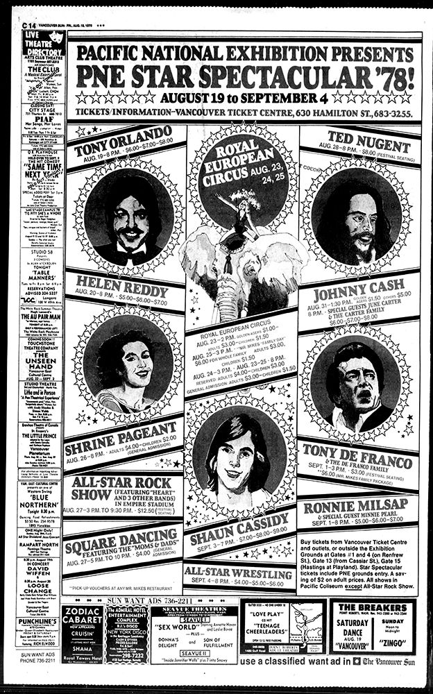 An ad for the 1978 Pacific National Exhibition Star Spectacular in the Aug. 18, 1978 Vancouver Sun. The most successful event (Heart and Little River Band) was done by an outside promoter, so it didn’t rate, or need, much promotion. The All-Star Rock Show, near the bottom, is between Square Dancing and Shine Pageant. An ad for the 1978 Pacific National Exhibition Star Spectacular in the Aug. 18, 1978 Vancouver Sun. The most successful event (Heart and Little River Band) was done by an outside promoter, so it didn’t rate, or need, much promotion. The All-Star Rock Show, near the bottom, is between Square Dancing and Shine Pageant.