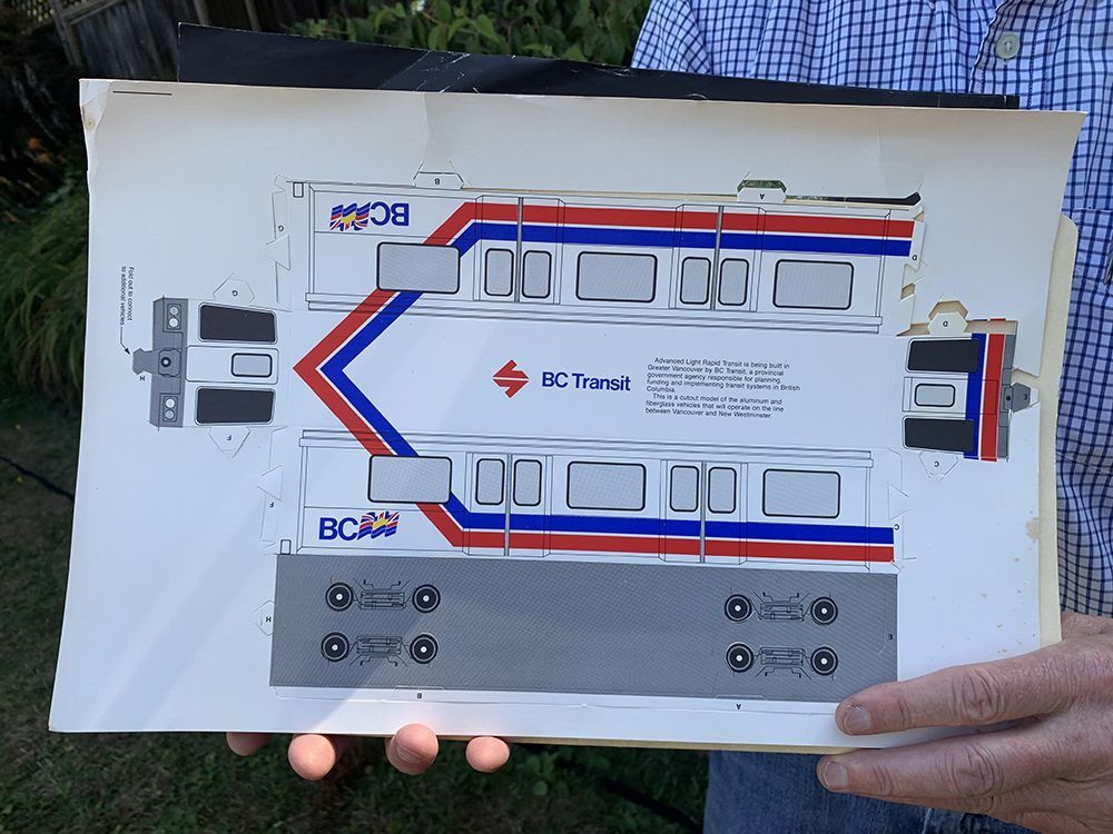  David Rogers with a rare cut out of a SkyTrain car in his collection of Vancouver ephemera.