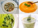 Clockwise from top left: Italian chicken meatball soup; Creamy Lemongrass Carrot Soup; Chilled Pea and Mint Soup; Creamy potato and kale soup.
