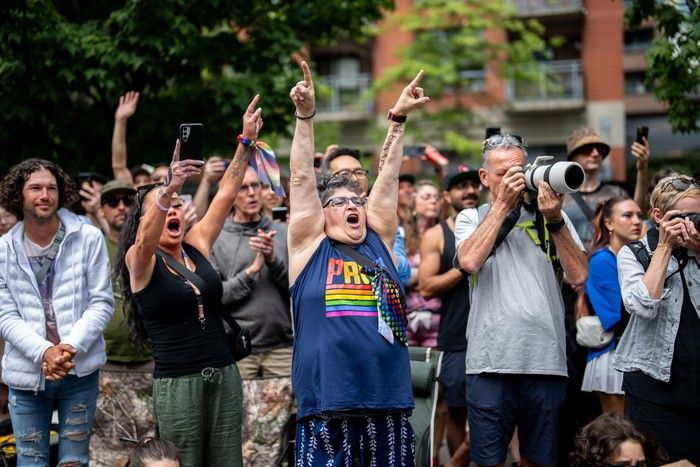 People cheer as Prime Minister Mark Carney marches during the Vancouver Pride Parade in Vancouver, on Sunday, August 3, 2025. People cheer as Prime Minister Mark Carney marches during the Vancouver Pride Parade in Vancouver, on Sunday, August 3, 2025.