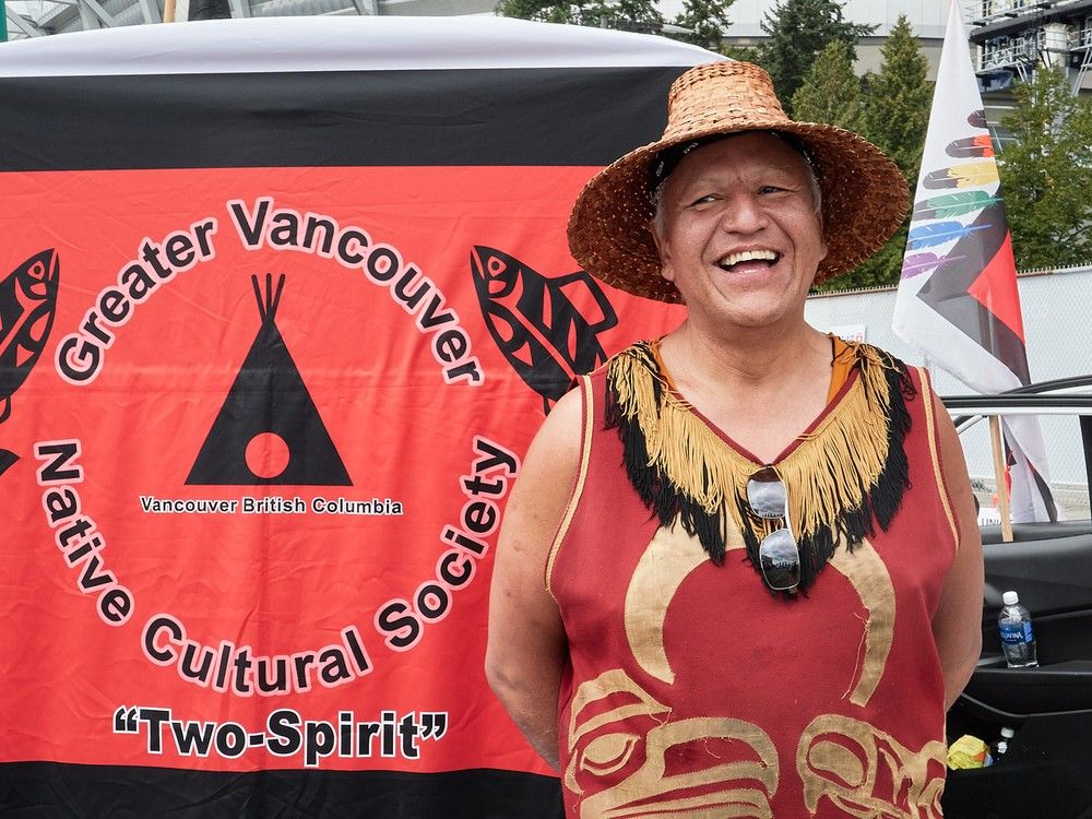  travis angus of the greater vancouver native cultural two-spirit society, at the vancouver pride parade on aug. 3, 2025.