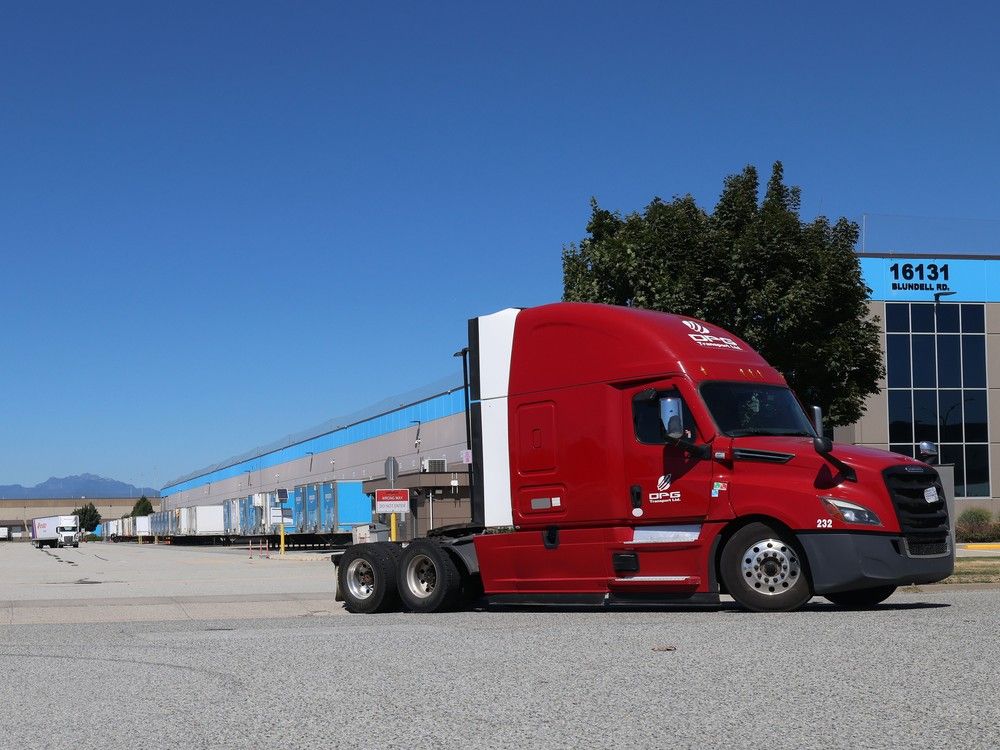  A truck pulls out of a facility in the area of southeastern Richmond that the courts have ruled belongs to four of five First Nations that make up the Cowichan peoples.