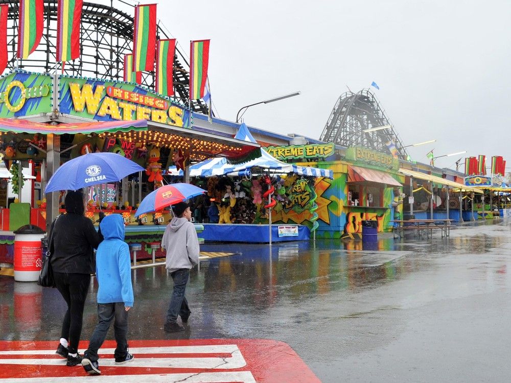 During fair days between 2014 and 2024, fairgoers were more likely to ride the coaster and eat mini-doughnuts while dry, rather than wet.