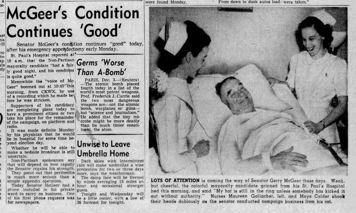  A photo of former Vancouver Mayor Gerry McGeer supposedly recuperating in St. Paul’s Hospital on Dec. 3, 1946 was a “great fake” concocted by Sun photographer Harry Filion with Sun writer Pierre Berton and graphic artist Fraser Wilson. According to a 1971 story by another Sun writer, Alan Fotheringham, Wilson stitched together a couple of Filion photos — one of McGeer’s head, one of a man lying in a hospital bed — to make it look like a photo of McGeer in hospital.
