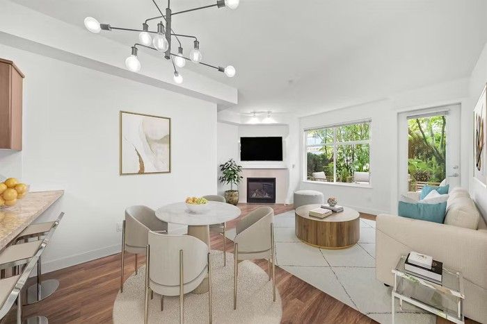  This 640-square-foot one-bedroom residence has an open-plan layout and nine-foot-high ceilings.