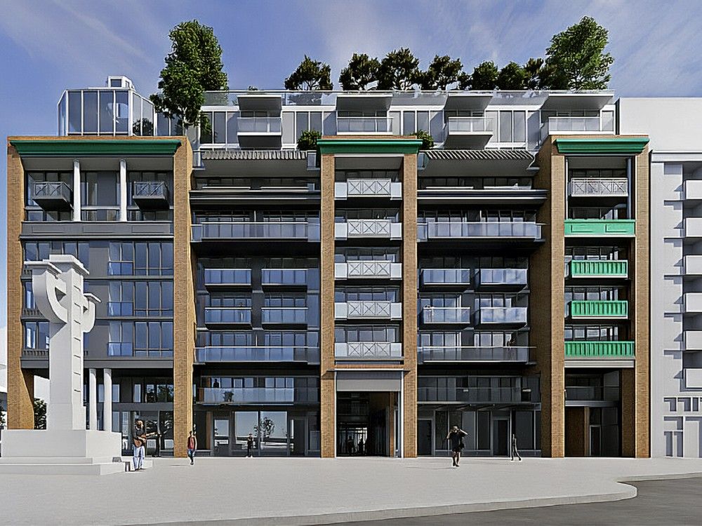 Rendering of 570 Columbia St., formerly 105 Keefer St., Vancouver, B.C. Rendering provided in City of Vancouver Shape Your City report