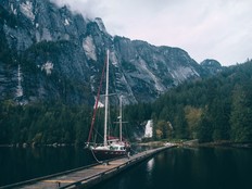 Chatterbox Falls at the head of Princess Louisa Inlet, framed by steep, forested cliffs.