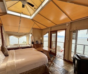 Late afternoon sunlight pouring into a tented suite at Rockwater Secret Cove Resort.