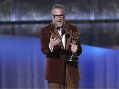 Seth Rogen accepts the award for outstanding lead actor in a comedy series for "The Studio" during the 77th Primetime Emmy Awards on Sunday, Sept. 14, 2025, at the Peacock Theater in Los Angeles.