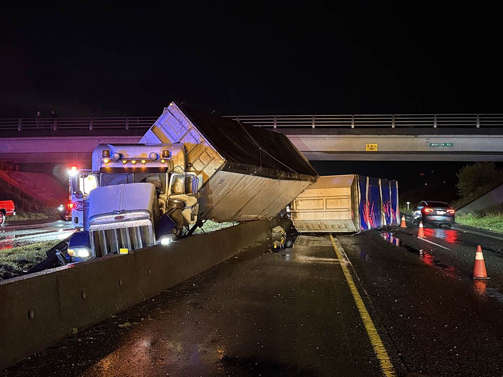 Shortly after 8 p.m. on Monday, Sept. 29, the Abbotsford police responded to a rollover collision involving a semi-truck on Highway 1 near the Whatcom Road exit. The driver is facing an impaired driving charge. Shortly after 8 p.m. on Monday, Sept. 29, the Abbotsford police responded to a rollover collision involving a semi-truck on Highway 1 near the Whatcom Road exit. The driver is facing an impaired driving charge.