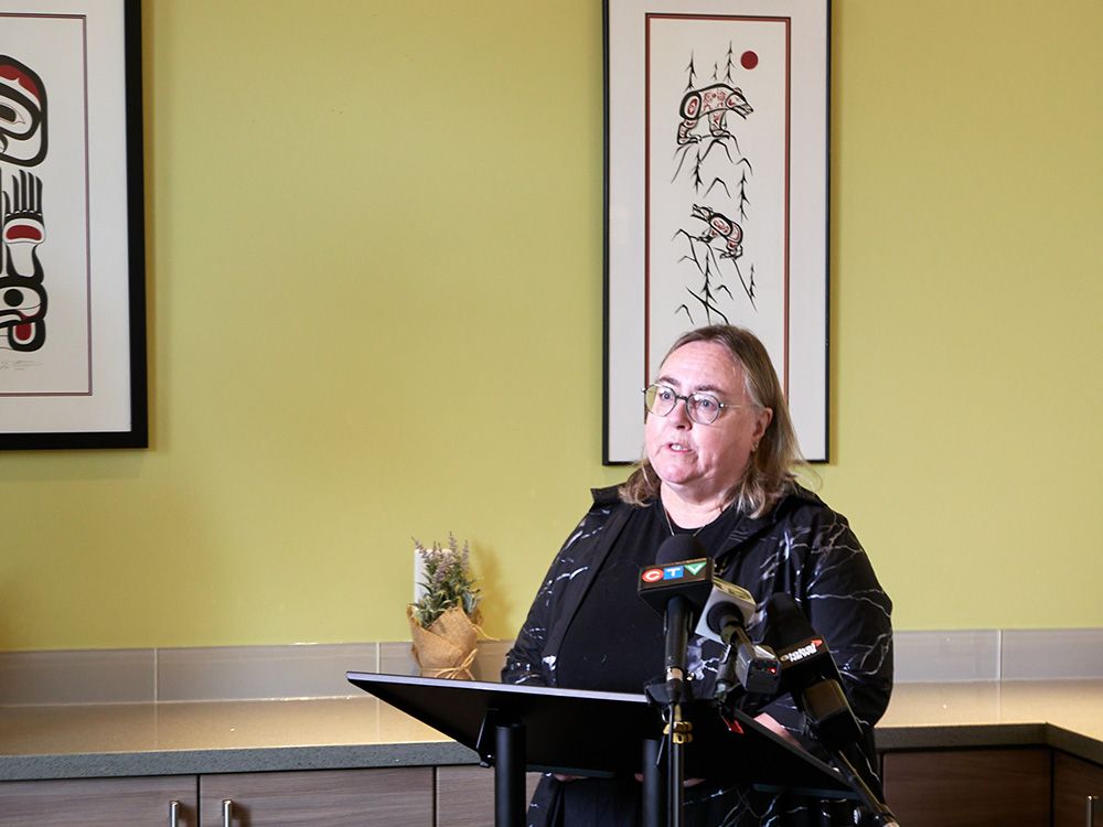  lorraine copas, chair of the greater metro vancouver community advisory board for reaching home, speaks at a press conference announcing the final report of the 2025 point-in-time homeless count in greater vancouver.