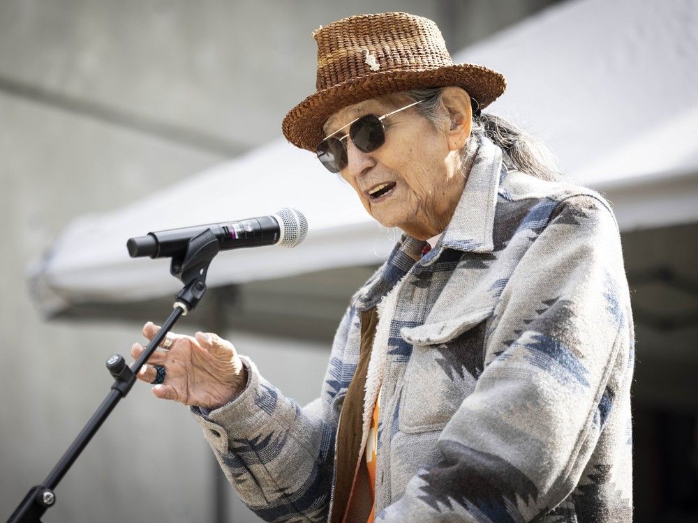 residential school survivor sam george speaks at the annual intergenerational march to commemorate orange shirt day at ubc on tuesday, september 30, 2025.