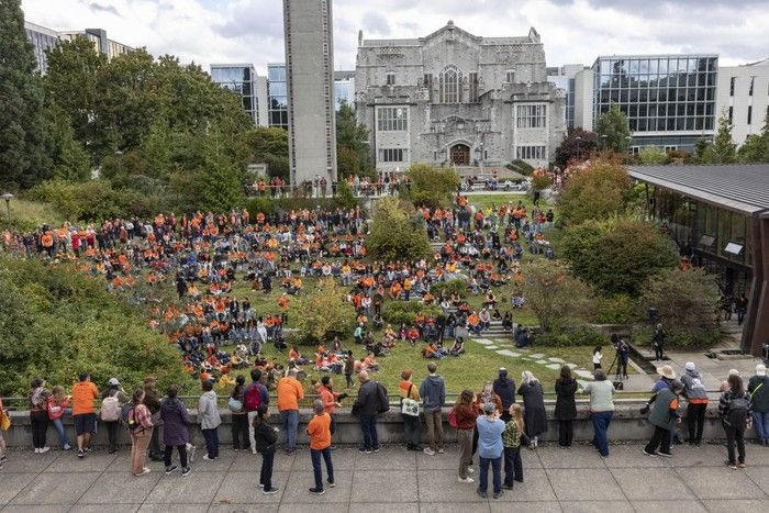 People listen to speakers at the UBC ceremony on Tuesday to mark Canada’s National Day for Truth and Reconciliation. People listen to speakers at the UBC ceremony on Tuesday to mark Canada’s National Day for Truth and Reconciliation.