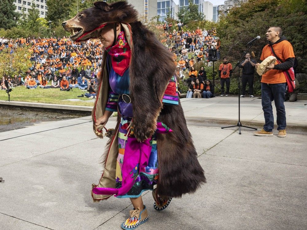Aileen Michel (left) and Mitchell Tourangeau perform a ceremonial dance at an event at UBC to mark the National Day for Truth and Reconciliation at UBC Aileen Michel (left) and Mitchell Tourangeau perform a ceremonial dance at an event at UBC to mark the National Day for Truth and Reconciliation at UBC