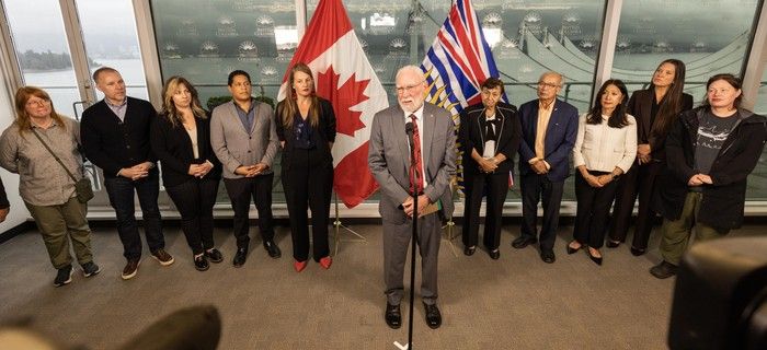 Larry Campbell, centre, speaks at Vancouver Cabinet Office in Vancouver on September 29, 2025. Larry Campbell, centre, speaks at Vancouver Cabinet Office in Vancouver on September 29, 2025.