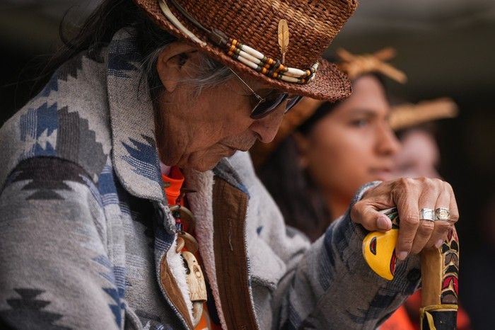 Squamish Nation Elder Sam George, a survivor of St. Paul’s Residential School, listens during a gathering to mark the National Day for Truth and Reconciliation at UBC on Tuesday. Squamish Nation Elder Sam George, a survivor of St. Paul’s Residential School, listens during a gathering to mark the National Day for Truth and Reconciliation at UBC on Tuesday.
