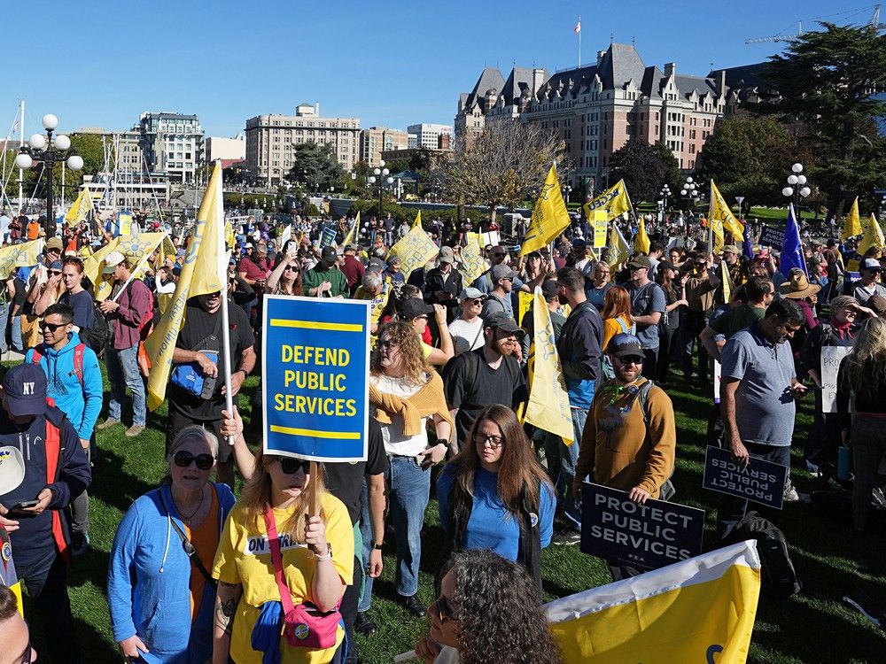 Union protesters at the B.C. legislature in Victoria on Oct. 6. Union protesters at the B.C. legislature in Victoria on Oct. 6.