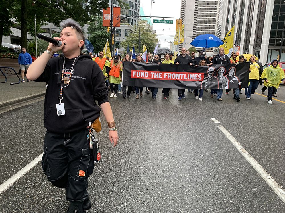 Tristan Wybou leading marchers at the BCGEU rally down Burrard Street on Oct. 1. Tristan Wybou leading marchers at the BCGEU rally down Burrard Street on Oct. 1.