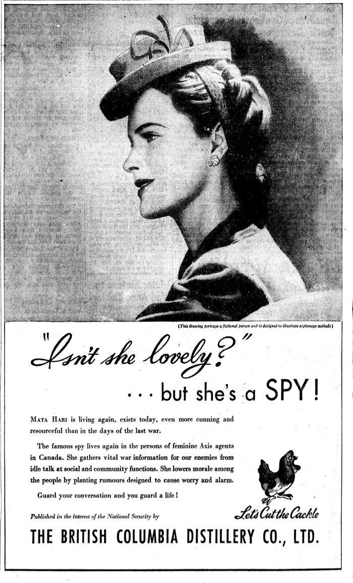 “Isn’t she lovely? But she’s a spy!” ad from the Oct. 26, 1943 Vancouver Sun. “Isn’t she lovely? But she’s a spy!” ad from the Oct. 26, 1943 Vancouver Sun.