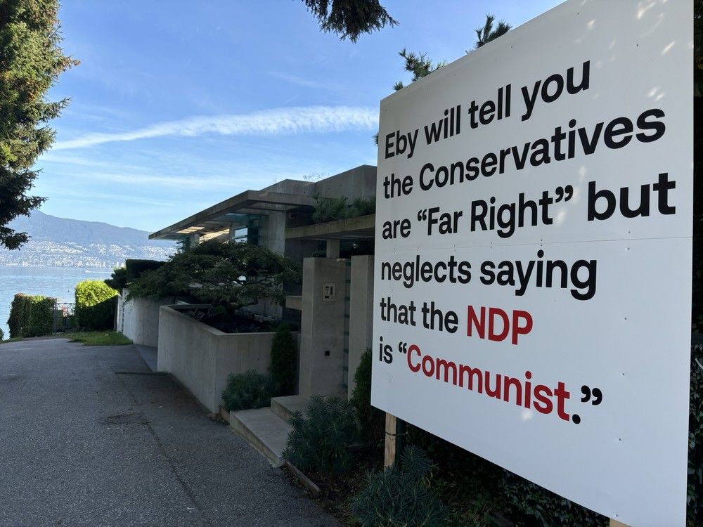 A sign outside Vancouver billionaire Chip Wilson's home claimed that the B.C. NDP are Communists as voters prepared for the Oct. 19, 2024, provincial election. A sign outside Vancouver billionaire Chip Wilson's home claimed that the B.C. NDP are Communists as voters prepared for the Oct. 19, 2024, provincial election.