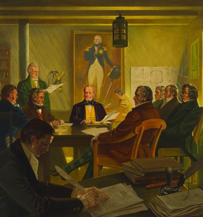 Charles Comfort painting in the Hudson’s Bay Company collection, The Council of the Northern Department of Rupert’s Land, Meeting at Norway House, June 21, 1836. Note the portrait of Admiral Nelson in the background. The painting was actually done in 1934. Charles Comfort painting in the Hudson’s Bay Company collection, The Council of the Northern Department of Rupert’s Land, Meeting at Norway House, June 21, 1836. Note the portrait of Admiral Nelson in the background. The painting was actually done in 1934.